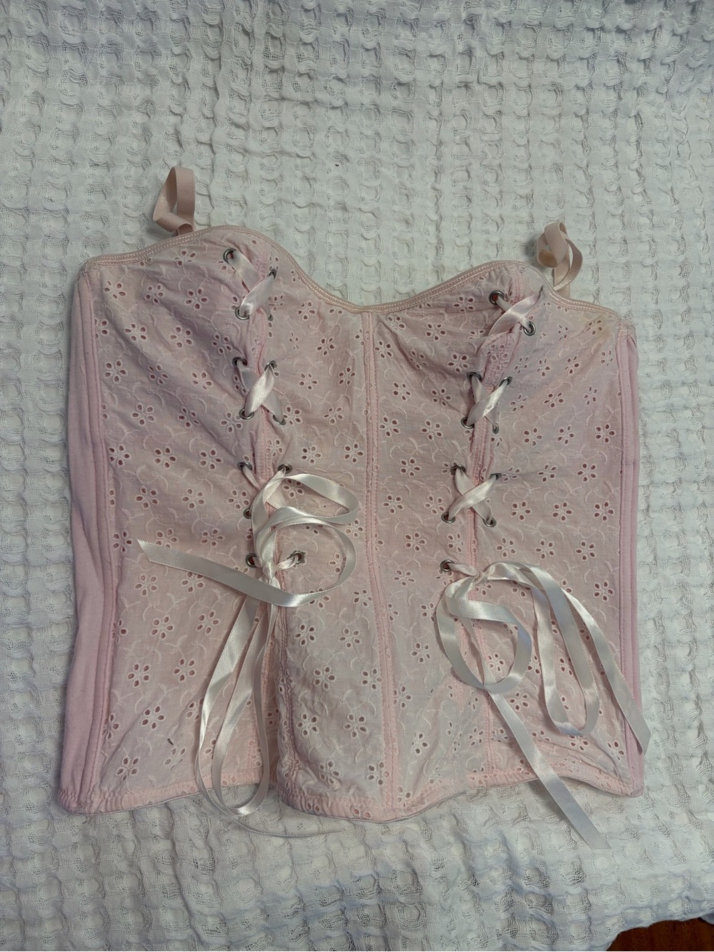 Blush Soft Pink Lace-Trim Corset Top eyelet detail size large